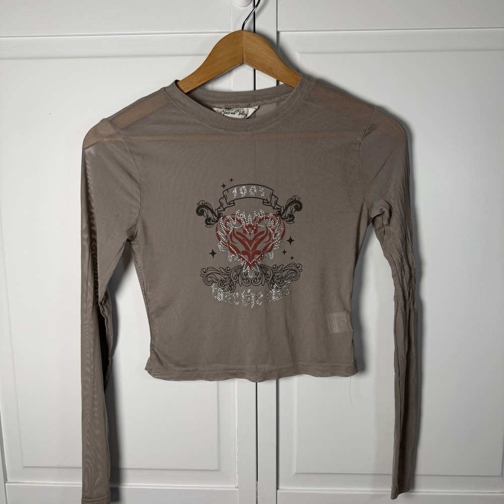Vine And Valley Vintage Y2K Women's Sheer Mesh Long Sleeve Cropped Top Graphic M